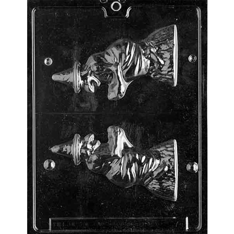 Plastic chocolate mold sheet with two witch-shaped 3D cavities, showing a witch in a pointed hat and robe with broom detail.