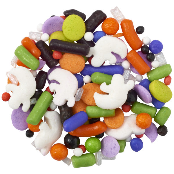 A colorful Halloween-themed sprinkle blend featuring various shapes and sizes, including ghost-shaped quins, pearls, and assorted sprinkles in orange, green, purple, black, and white.