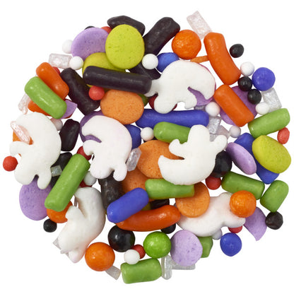 A colorful Halloween-themed sprinkle blend featuring various shapes and sizes, including ghost-shaped quins, pearls, and assorted sprinkles in orange, green, purple, black, and white.