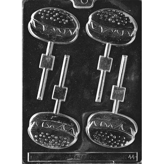 Four-cavity hamburger chocolate lollipop mold with sesame-seed buns, lettuce and patty details, and built-in stick channels