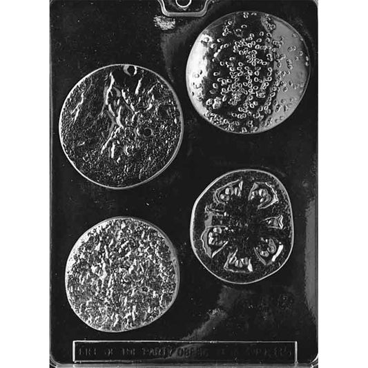 Clear plastic hamburger chocolate mold with four cavities for a seeded bun top, bottom bun, hamburger patty, and tomato slice, assembling to approximately 4 1/8 inches round.