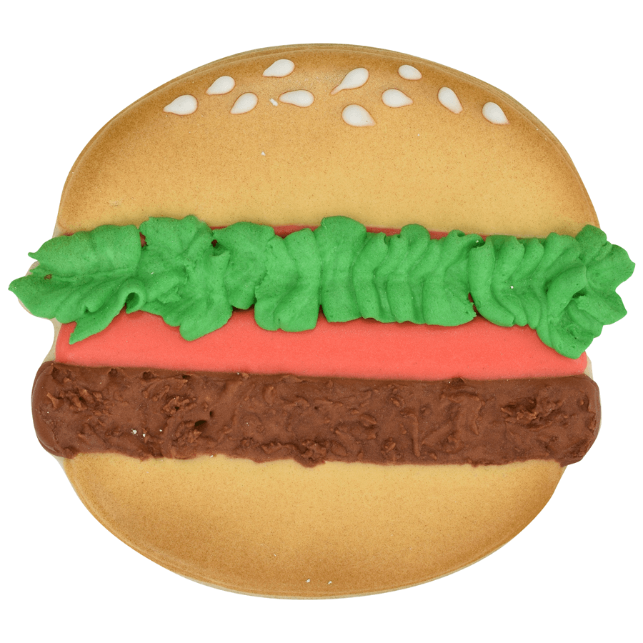 Decorated cookie shaped like a hamburger with lettuce, tomato, and a textured patty.