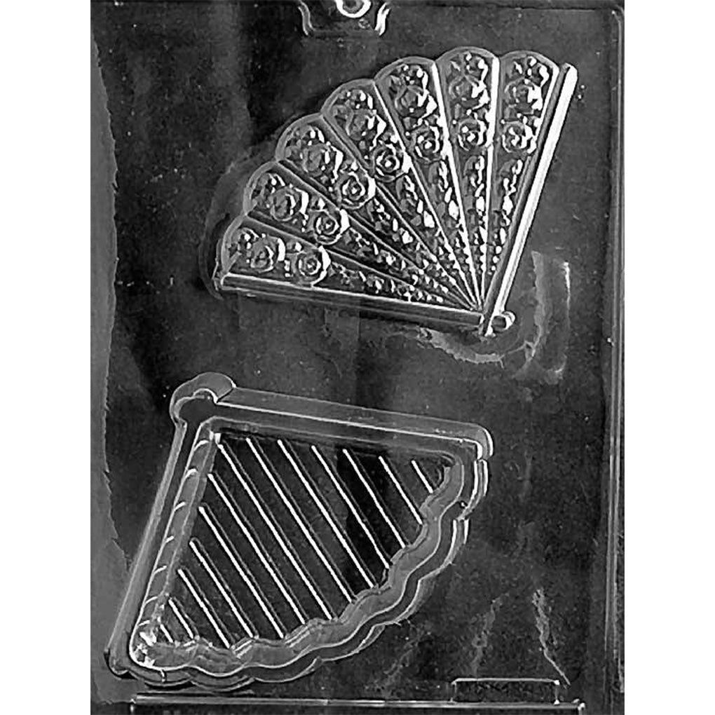 Two-cavity W040 hand fan pour box chocolate mold with ornate floral lid and ridged base, making one 5 1/4 x 4 x 1-inch edible box