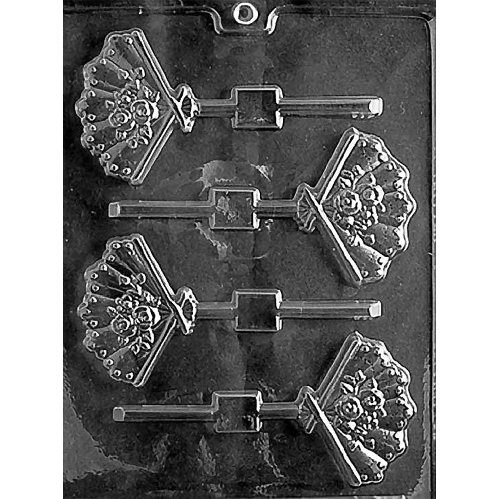 Four-cavity hand fan with flowers chocolate lollipop mold, each fan measuring 2 1/8 x 2 3/4 x 1/2 inches with pleated relief and stick channels