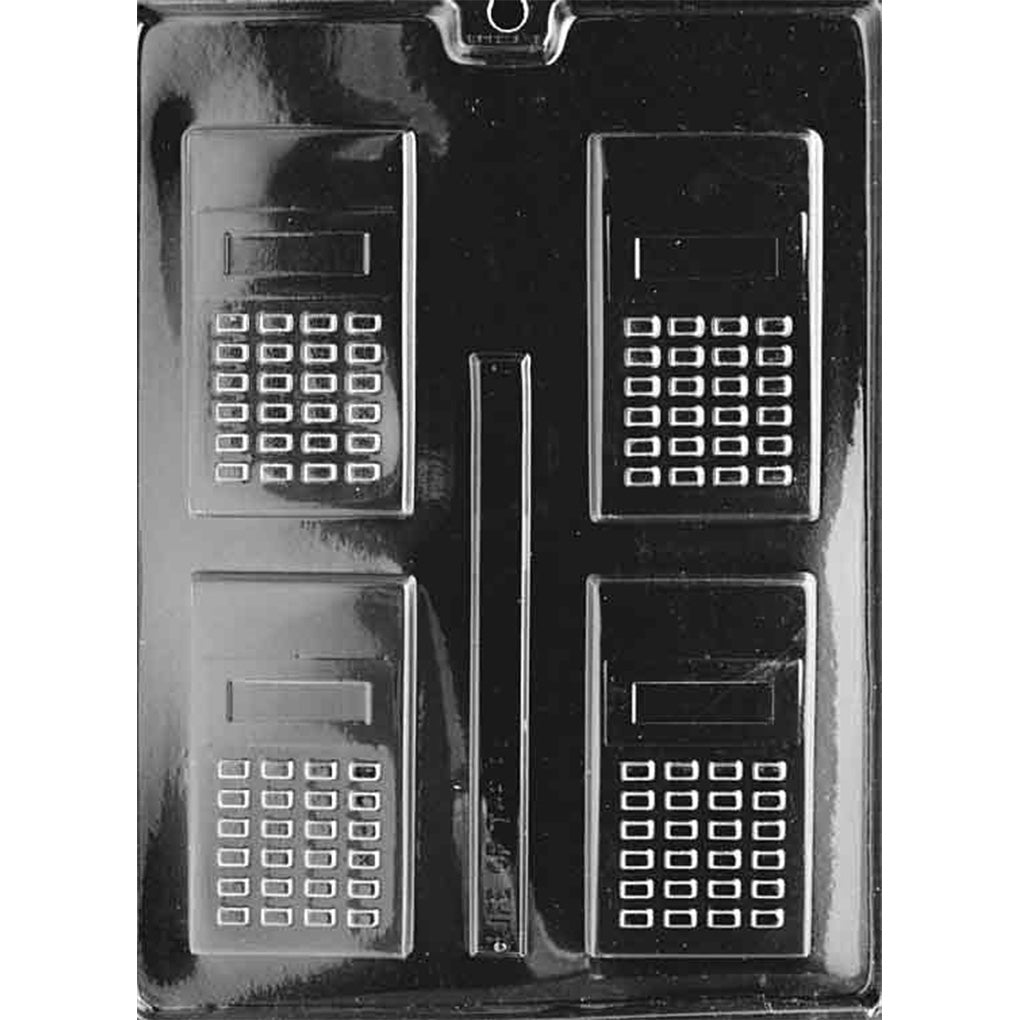 Clear plastic chocolate mold with four pocket calculator cavities, each showing a rectangular screen area and a grid of raised keypad buttons, arranged in two columns on a dark background.