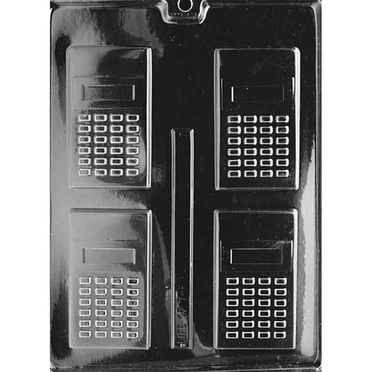 Clear plastic chocolate mold with four pocket calculator cavities, each showing a rectangular screen area and a grid of raised keypad buttons, arranged in two columns on a dark background.
