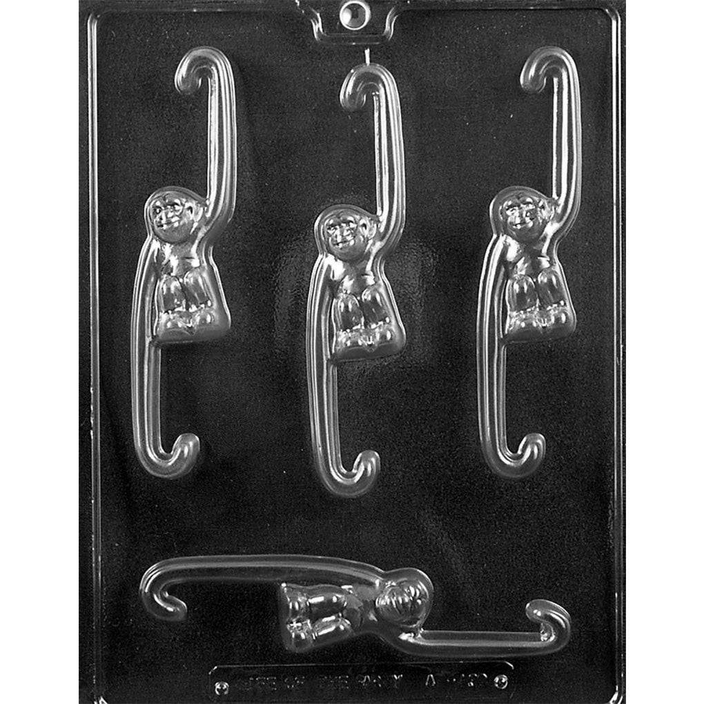 Hanging monkeys chocolate mold with four cavities, including three vertical monkeys on curved hooks and one horizontal hanging monkey at the bottom