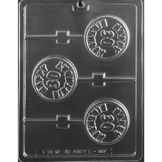 Three-cavity round Happy 30th Birthday chocolate lollipop mold with raised 30 and birthday lettering for 2 7/8-inch pops