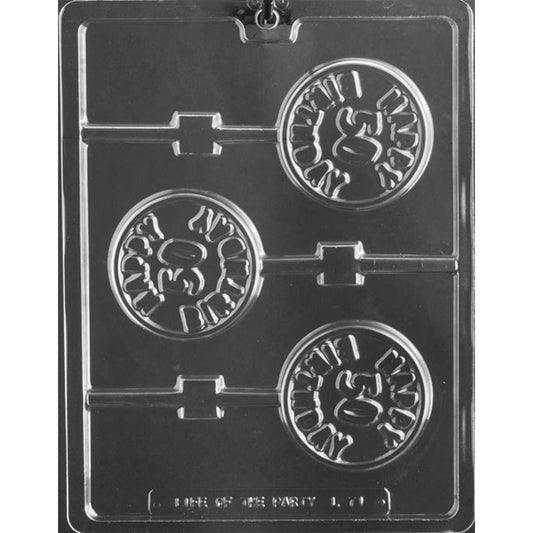 Happy 50th Birthday chocolate lollipop mold with three 2 7/8-inch round cavities, raised birthday lettering, centered 50 numerals, and stick channels