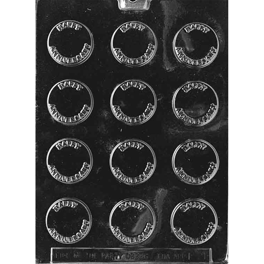 Twelve-cavity chocolate mint mold with 1 1/2-inch round pieces featuring raised “Happy Anniversary” lettering and open centers.
