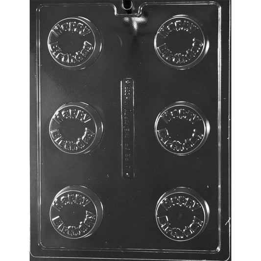 Clear chocolate covered cookie mold with six round cavities, each embossed with the words Happy Birthday around the top edge.