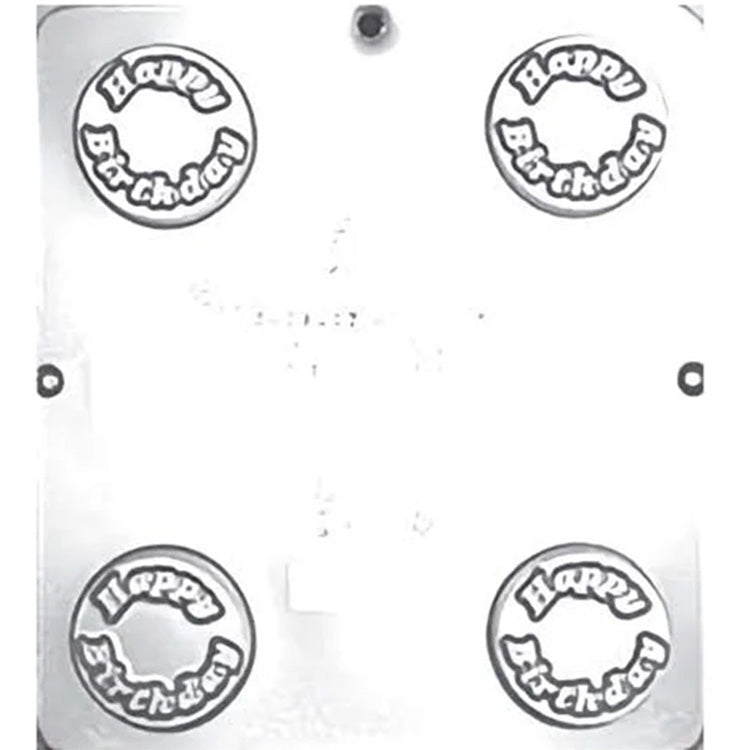 Clear plastic chocolate covered Oreo mold with four round cavities featuring a raised Happy Birthday message.