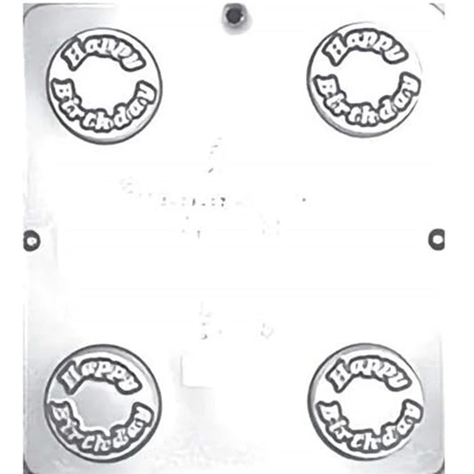 Clear plastic chocolate covered Oreo mold with four round cavities featuring a raised Happy Birthday message.