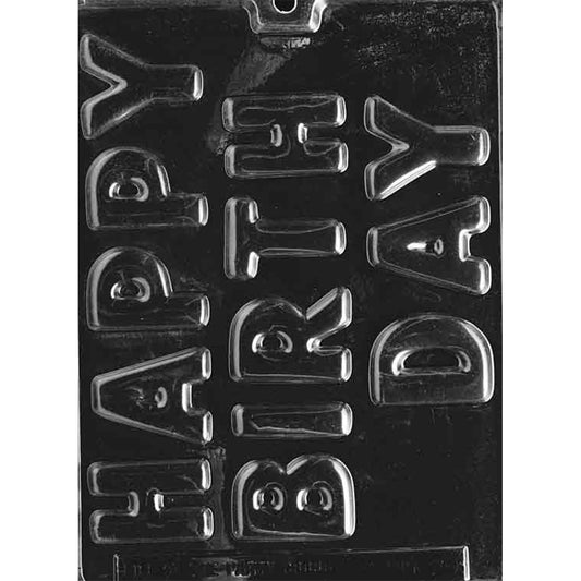 Happy Birthday chocolate mold with 13 individual block letter cavities measuring approximately 2 inches tall x 1/8 inch deep