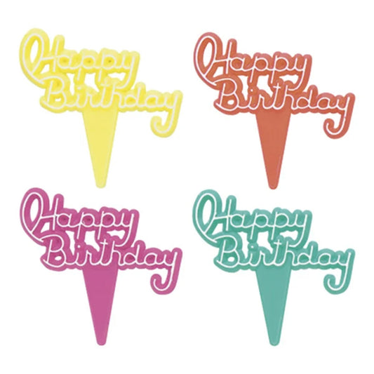 Assorted Happy Birthday neon cupcake toppers in yellow, pink, orange, and teal script