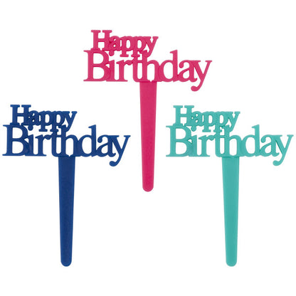 Set of three plastic Happy Birthday cupcake picks in red, blue, and teal colors.