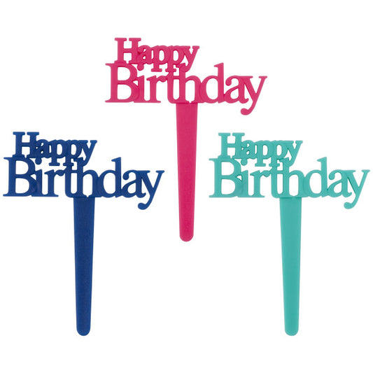 Set of three plastic Happy Birthday cupcake picks in red, blue, and teal colors.
