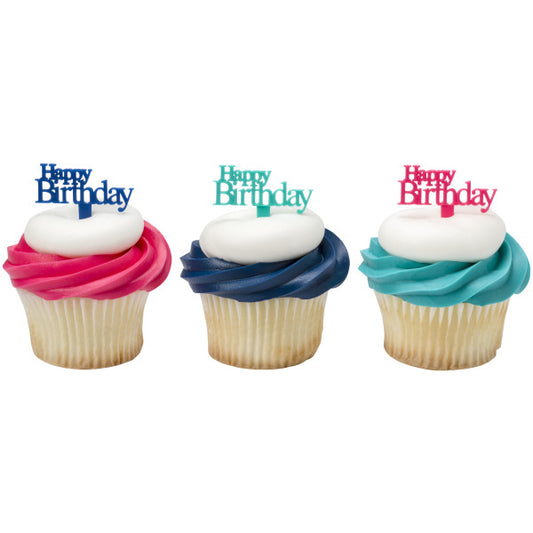 Vanilla cupcakes with colorful frosting topped with red, blue, and teal Happy Birthday picks.