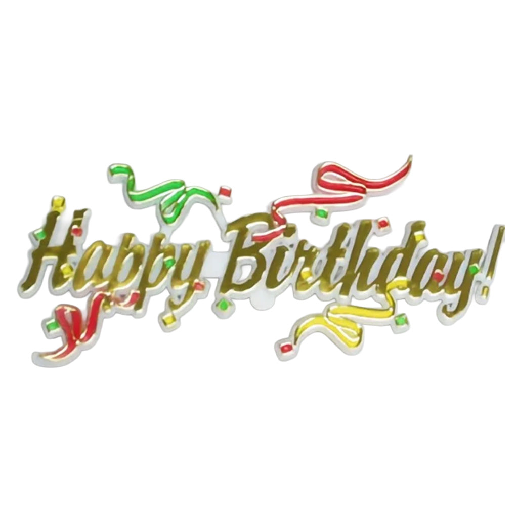 Gold Happy Birthday cake topper with red, green, and yellow streamers and confetti accents, measuring 4.5 x 2 inches.
