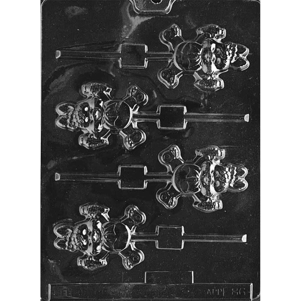 Clear plastic chocolate lollipop mold with four cavities shaped like a smiling bunny jumping with arms outstretched, holding a carrot in each hand, with stick channels attached.