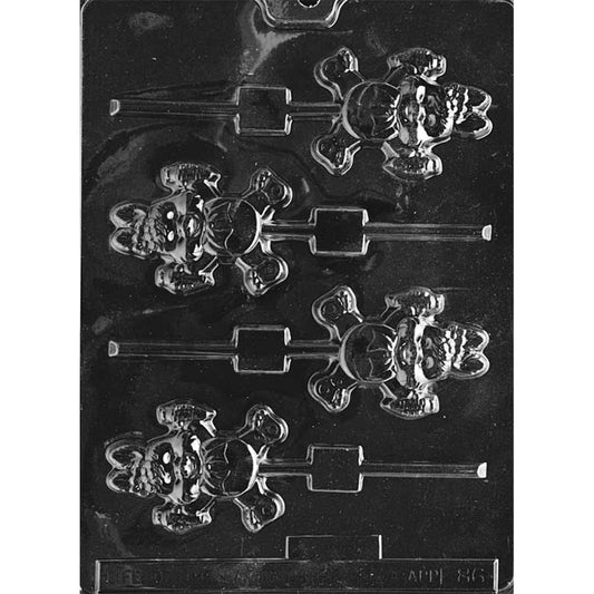 Clear plastic chocolate lollipop mold with four cavities shaped like a smiling bunny jumping with arms outstretched, holding a carrot in each hand, with stick channels attached.