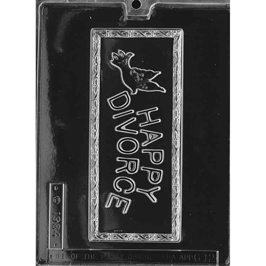 Single-cavity Happy Divorce chocolate bar mold measuring 8 x 3 1/2 x 5/8 inches with raised lettering, flying dove, and ornate border