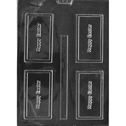Clear plastic Happy Easter chocolate bar mold on a black background with four rectangular cavities, raised “Happy Easter” lettering, and a double-line border.