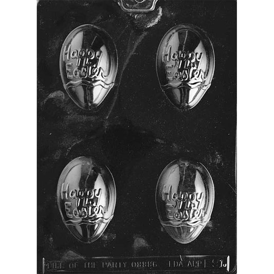 Clear plastic Happy Easter egg chocolate mold with four oval egg cavities, each embossed with the words “Happy Easter” and a wavy line detail near the bottom.