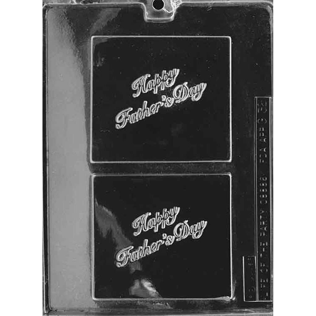 Clear plastic Happy Father’s Day Square Bar Chocolate Mold with two square cavities embossed with a script holiday greeting