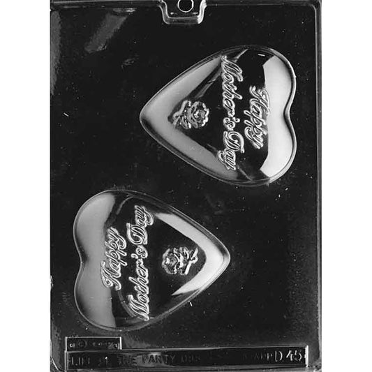 Clear plastic chocolate mold with two large heart cavities featuring the words “Happy Mother’s Day” and a small rose design.