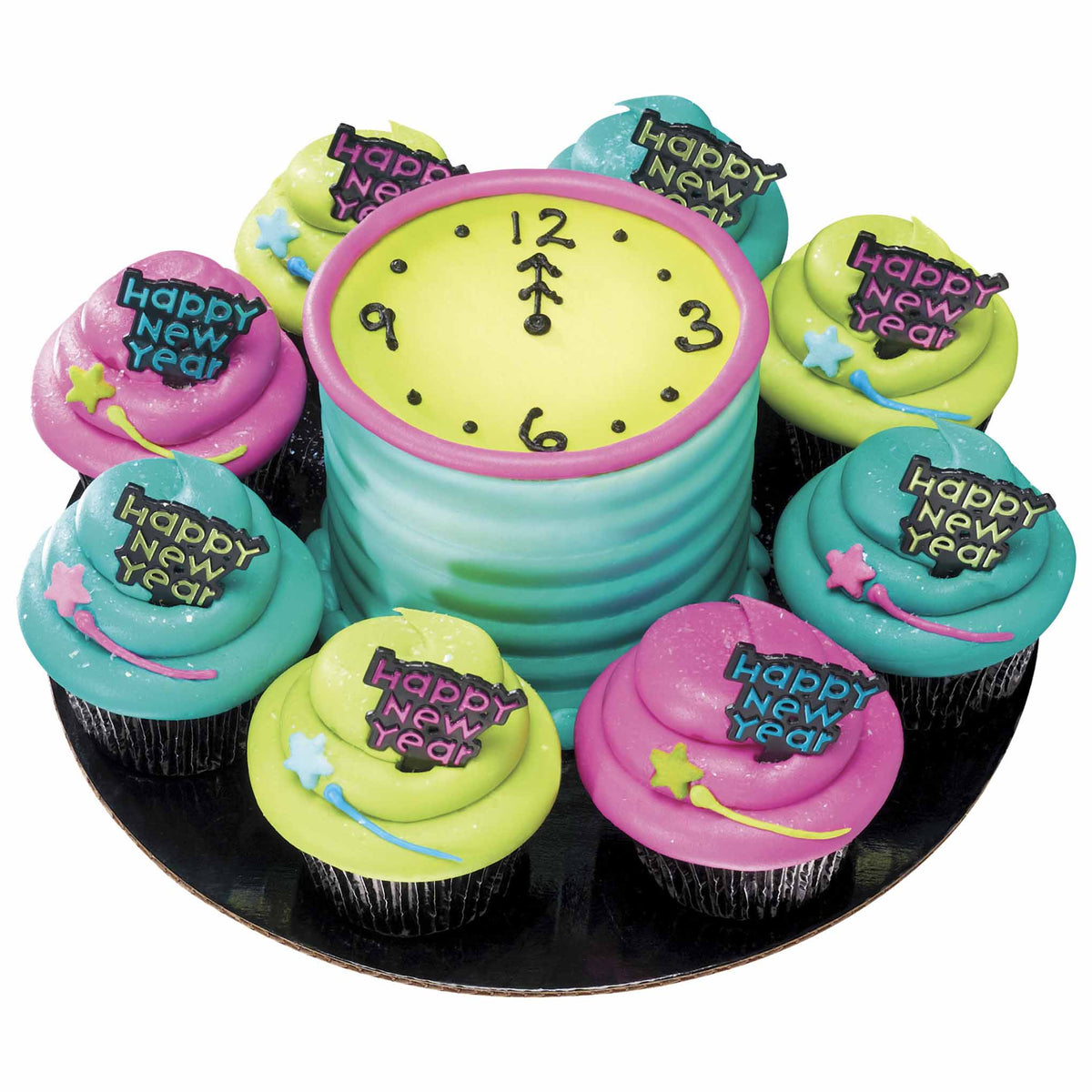 New Year cake designed as a midnight clock surrounded by colorful cupcakes with Happy New Year picks