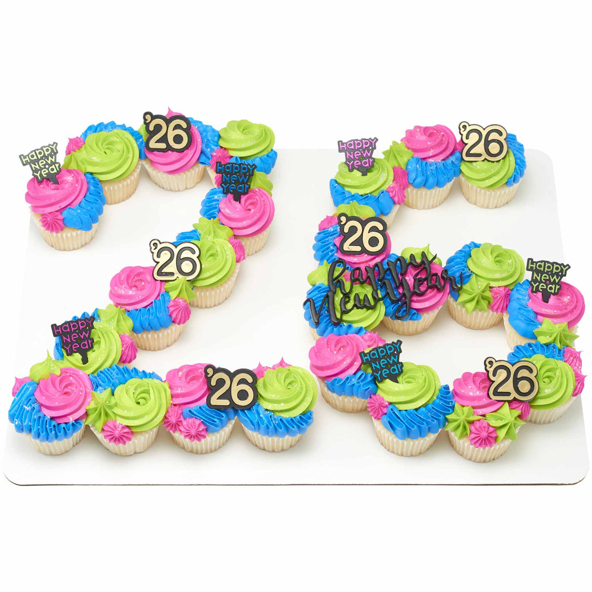 Cupcake display shaped like the number 26 with colorful frosting, Happy New Year picks, and number picks