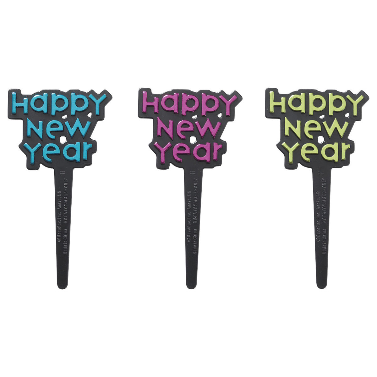 Three black Happy New Year cupcake picks with blue, magenta, and yellow-green foil lettering