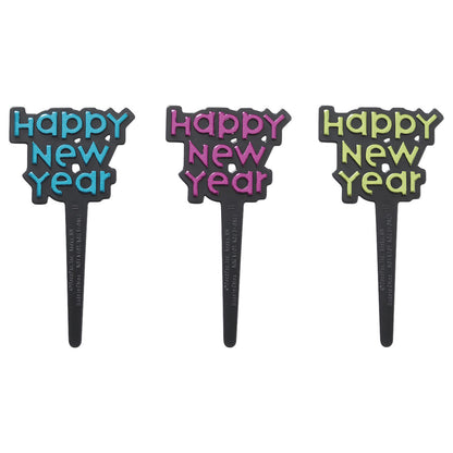Three black Happy New Year cupcake picks with blue, magenta, and yellow-green foil lettering