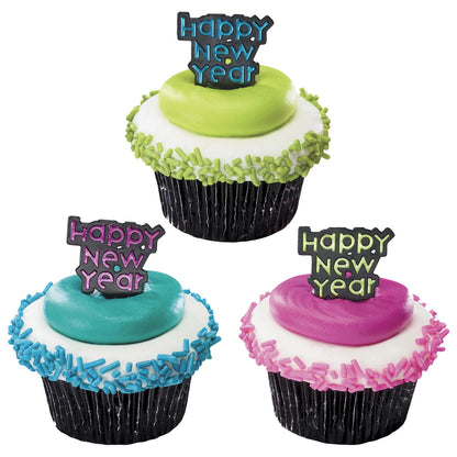 Happy New Year picks decorating cupcakes with blue, pink, and green frosting and matching sprinkles