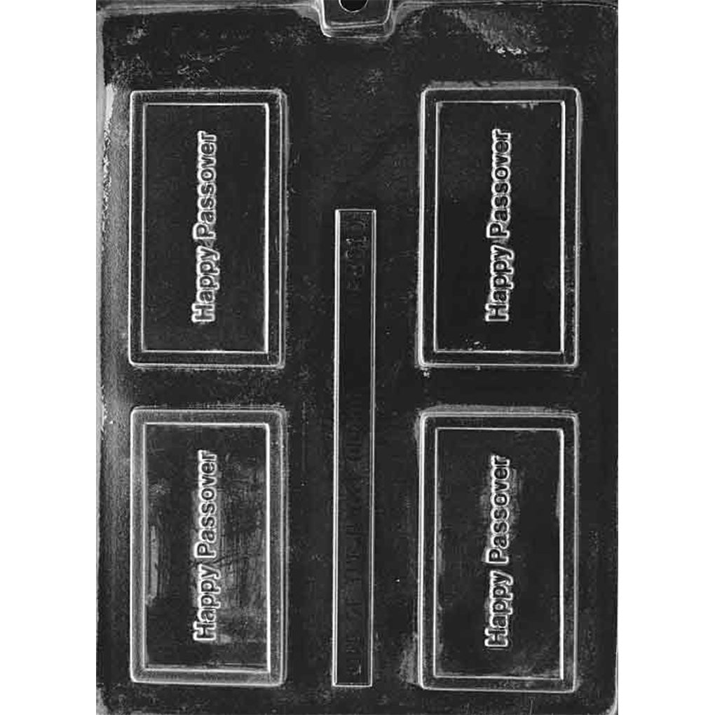 Plastic chocolate bar mold with four bordered rectangles, each with raised “Happy Passover” text.