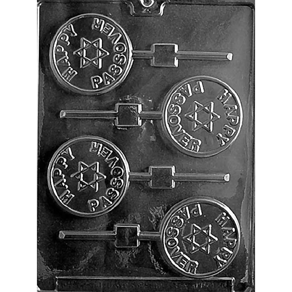 Clear chocolate lollipop mold with four round cavities featuring a Star of David in the center and the words Happy Passover around the edge.