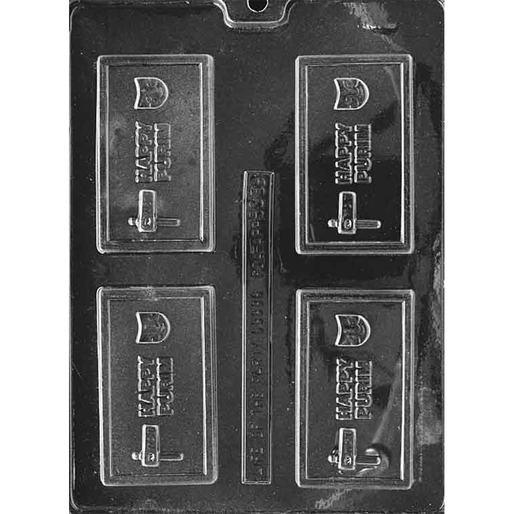 Clear plastic chocolate bar mold photographed on a black background with four rectangular cavities, each embossed with “Happy Purim” text and a small festive icon inside a raised border.