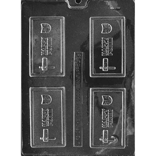 Clear plastic chocolate bar mold photographed on a black background with four rectangular cavities, each embossed with “Happy Purim” text and a small festive icon inside a raised border.