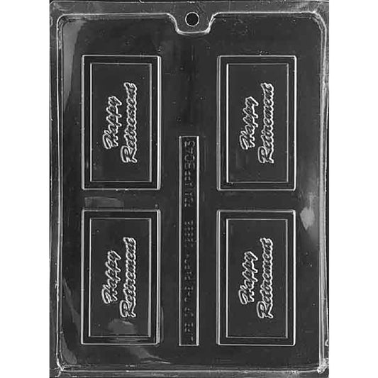 Happy Retirement chocolate bar mold with four rectangular cavities featuring bordered edges and raised “Happy Retirement” lettering.