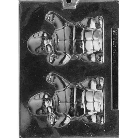 Clear plastic chocolate mold photographed on a black background with two large cavities shaped like a smiling upright turtle with raised arms and a paneled shell.