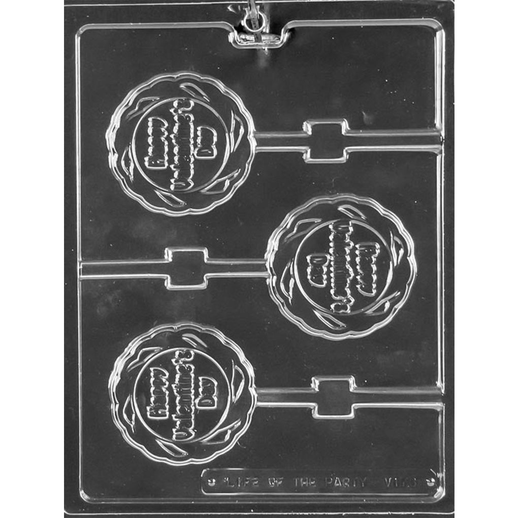 Clear chocolate lollipop mold with three round cavities featuring the words Happy Valentine’s Day in the center and a swirled border around each pop.