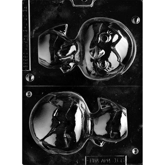 Clear plastic hatching chick 3D chocolate mold with two large matching cavities forming a chick breaking out of a cracked egg, showing raised facial features and shell details.