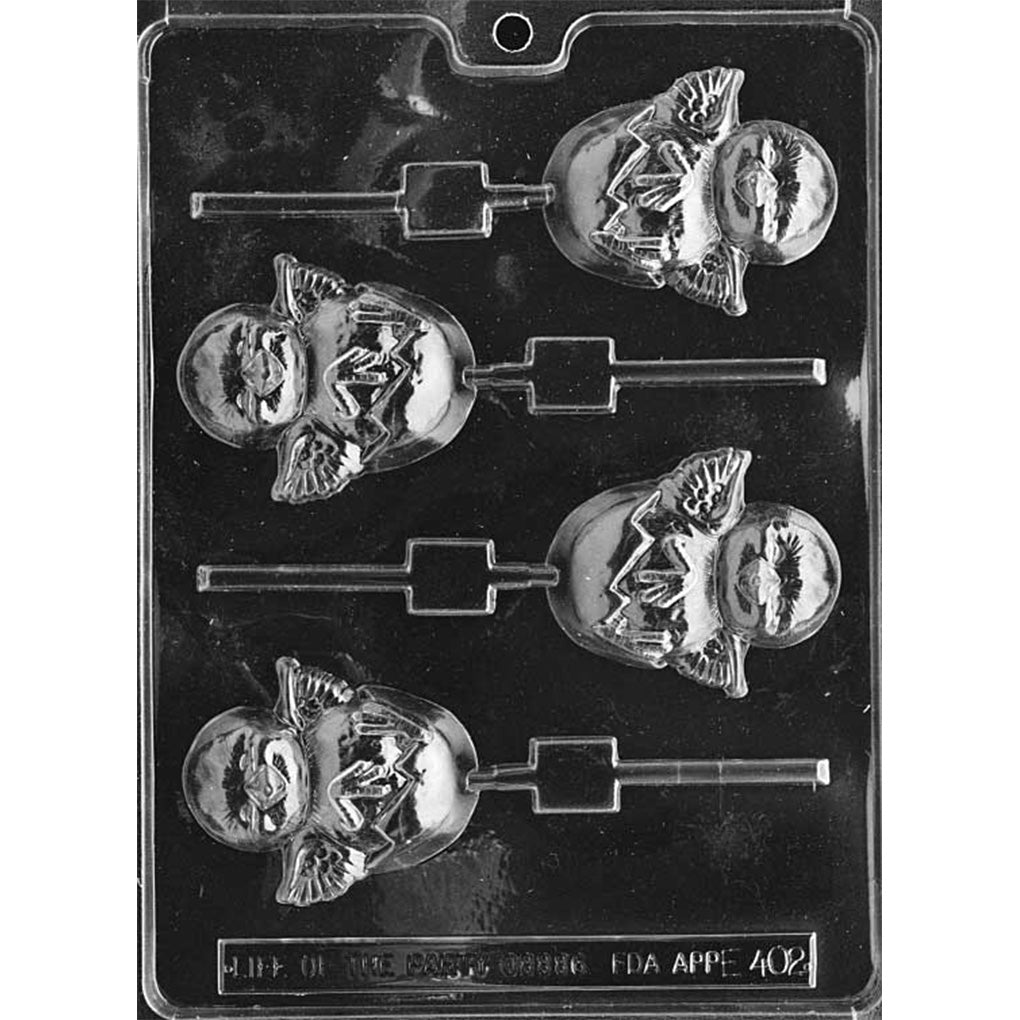 Clear plastic chocolate lollipop mold with five cavities shaped like a chick hatching from a cracked egg, wings spread and face details visible, each cavity connected to a stick channel on a dark background.