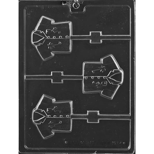 Clear chocolate lollipop mold with three Hawaiian shirt-shaped cavities featuring collars, buttons, pockets, and raised palm tree details on a dark background.