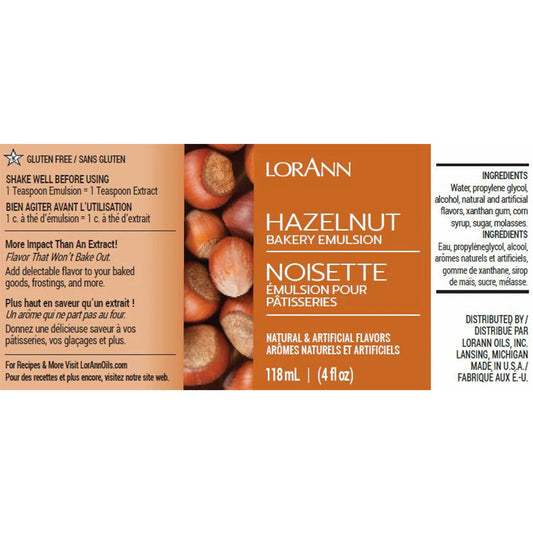 LorAnn Hazelnut Bakery Emulsion label with image of hazelnuts, 4 fl oz bottle, gluten-free with natural and artificial flavors.