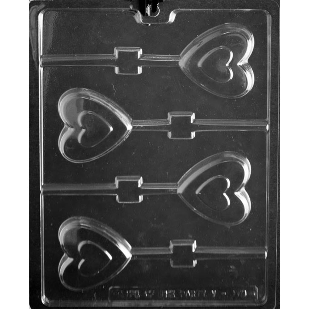 Clear plastic Heart in Heart Chocolate Lollipop Mold with four nested heart cavities and built-in stick channels