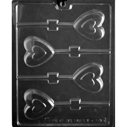 Clear plastic Heart in Heart Chocolate Lollipop Mold with four nested heart cavities and built-in stick channels