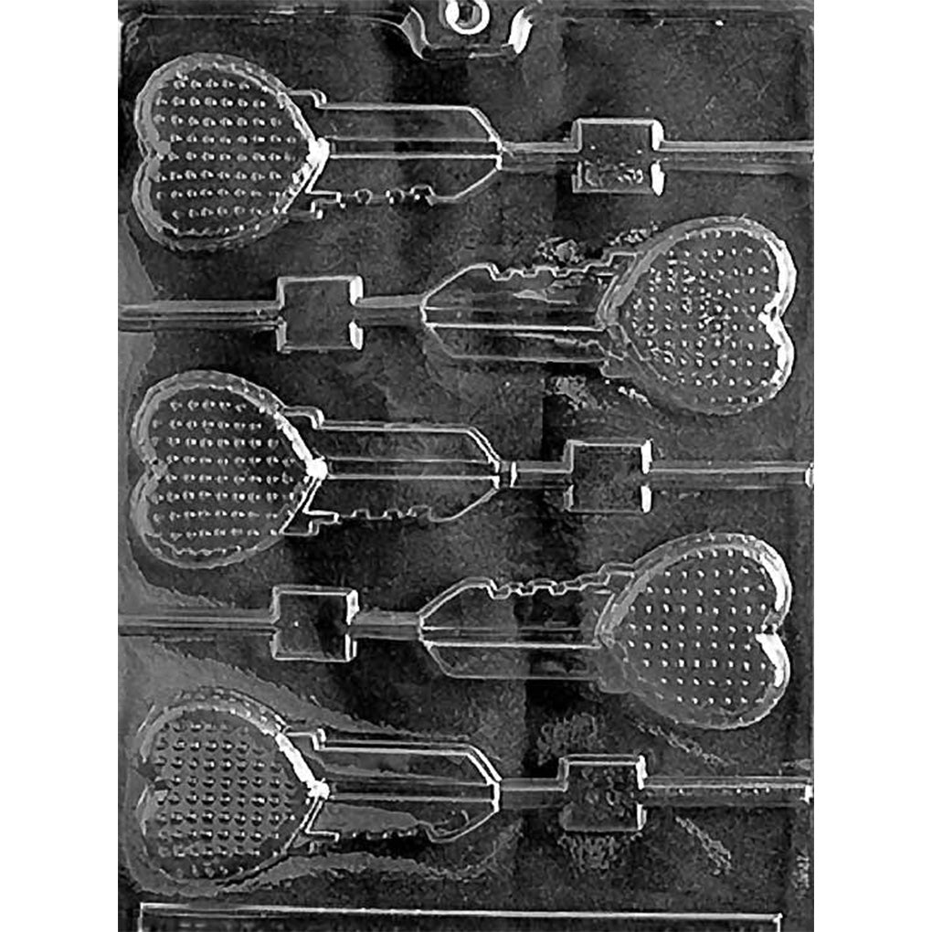 Clear chocolate lollipop mold with six heart-shaped key cavities arranged in alternating directions.