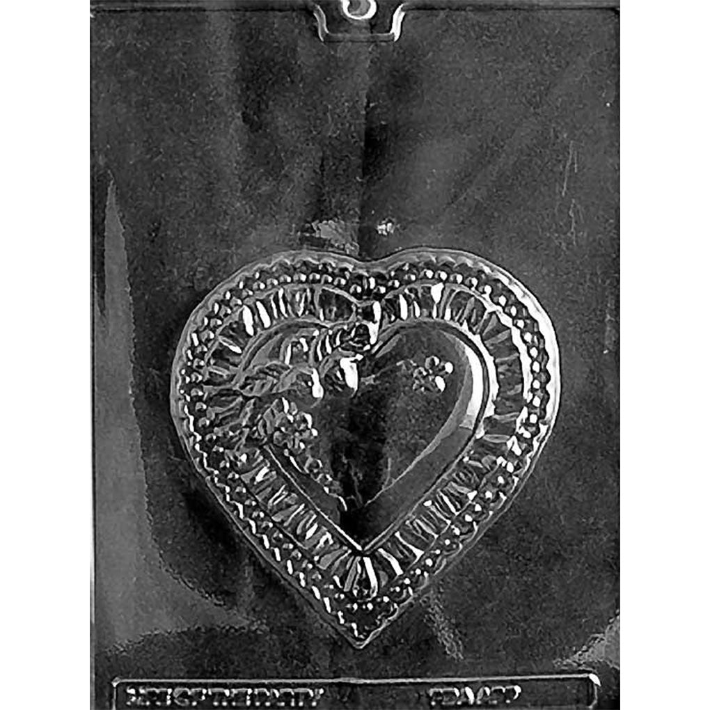 Heart plaque chocolate mold with one large heart cavity, beaded border, ribbed frame, floral accents, and smooth center heart